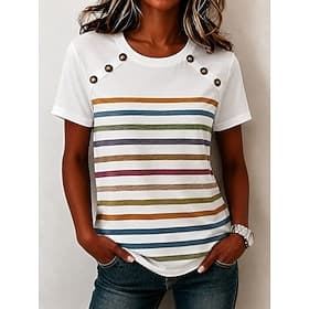 Femmes T-shirt Graphique Rayé Élégant Occasionnel Manche Courte Col ras du cou Hauts Réguliers Occasionnel Quotidien Bleu Blanche Noir Rouge Été Printemps