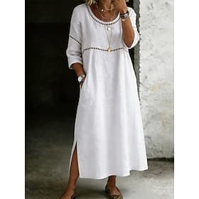 Women's Midi Dress Cotton Linen Dress Cut Out Dress Vintage Daily Loose Fit Pure Color 3/4 Length Sleeve Crew Neck milky Sky Blue Green khaki Summer