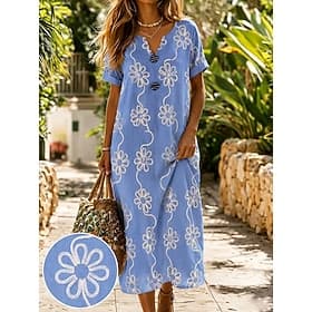 Women's Midi Dress Floral Dress Summer Dress Basic Classic Daily Vacation Regular Fit Floral Short Sleeve V Neck Blue White Summer Spring