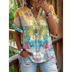 Women's Shirt Buttons Print Floral Graphic Daily Stylish Casual Short Sleeve Stand Collar Regular Tops Casual Daily Blue Yellow Red Summer Spring