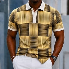 Men's Color Block Geometic Polo Shirts Short Sleeve Polo Shirts Collared Shirts Business Casual Athleisure 3D Print Buttons Breathable Mesh Spring  Summer Brow