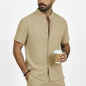 Men's Shirt Summer Shirt Beach Shirt Button Up Shirt Solid Color Casual Outdoor White Black Navy Blue Sky Blue Short Sleeve Mandarin Collar Spring  Summer Clot