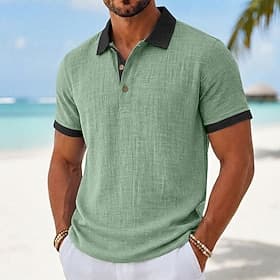 Men's Linen Shirt Polo Shirts Casual Vacation Classic Short Sleeve Fashion Solid Color Textured Color Block Buttons Summer Spring Regular Fit Light Green Green