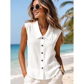 Femmes Débardeur Boutons Uni Mode Élégant Classique Sans manches Col de chemise Hauts Réguliers Occasionnel Quotidien Sortir Blanche Été Printemps
