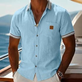 Homme Chemise Chemise en lin Chemise d'été Chemise de Plage Uni Occasionnel Quotidien Bleu Noir bleu marine Kaki Manche Courte Revers Été Printemps Vêtement Te thumbnail 3