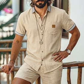 Homme Chemise Chemise en lin Chemise d'été Chemise de Plage Uni Occasionnel Quotidien Bleu Noir bleu marine Kaki Manche Courte Revers Été Printemps Vêtement Te thumbnail 2