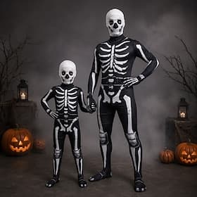 Halloween Masque Combinaison Combinaisons Crâne de squelette squelette complet Fantasmagorique Horreur Déguisement effrayant Père et fils Enfant Adulte Unisexe thumbnail 2