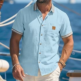 Homme Chemise Chemise en lin Chemise d'été Chemise de Plage Uni Occasionnel Quotidien Bleu Noir bleu marine Kaki Manche Courte Revers Été Printemps Vêtement Te thumbnail 4