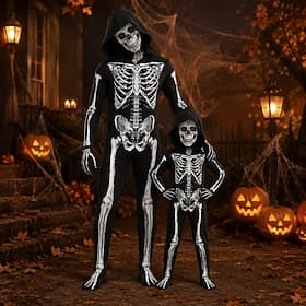 Halloween Masque Combinaison Combinaisons Crâne de squelette squelette complet Fantasmagorique Horreur Déguisement effrayant Père et fils Enfant Adulte Unisexe thumbnail 3