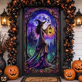 Décoration de porte sorcière pour Halloween, bannière de porte psychédélique et effrayante pour maison hantée, affiche gothique magique à suspendre au porche p