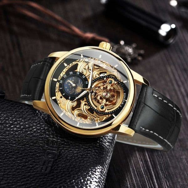 WINNER Vintage Tourbillon Skeleton Mechanical Watch for Men Luminous Hands Luxury Brand Gold Automatic Watches Leather Strap New