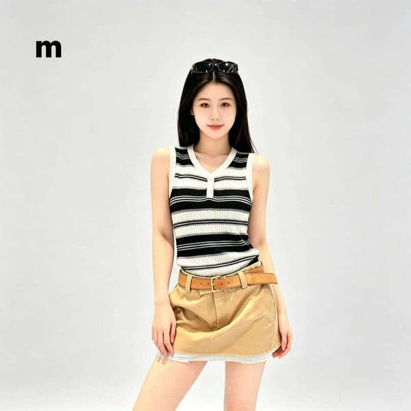 Designer Ribbed Knit Vest, Women Sleeveless Tank with Black White Gray Stripes, Casual Summer Knitwear Mini Short Dress