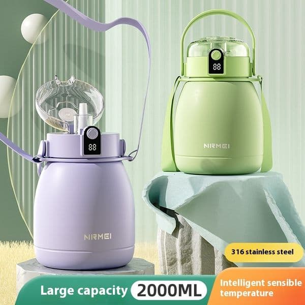 Stainless steel intelligent insulated cup, large capacity children's water kettle, high aesthetic value, internet celebrity, straw, big belly cup