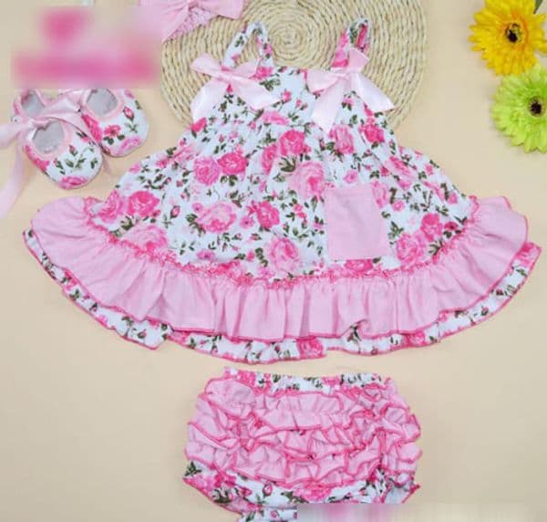 Summer Baby Girls Flower Bow Ruffles Dress PP Shorts 2 pcs Outfits Set Green Toddler Baby Sets Cotton Sports Infant Clothing 1209