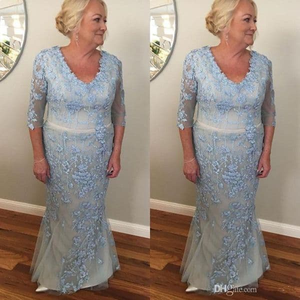 Setwell V Neck Lace Appliqued Mother of the Bride Dresses With Half Sleeves Mermaid Dresses Evening Wear Light blue Wedding Guest Dress