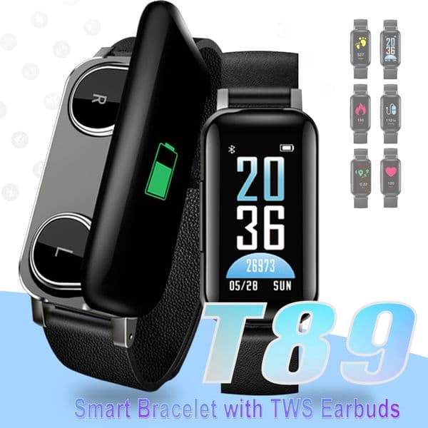 TWS Earbuds Smart Bracelet Bluetooth 5.0 Smart Wristband T89 Fitness Tracker Heart Rate Watches for IOS Android Smartphones with Retail Box