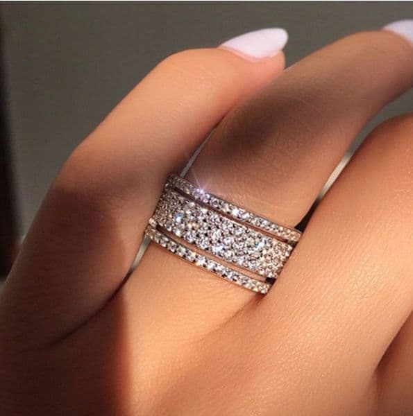 Elegant Silver Color Rhinestone Crystal Ring Wide Stainless Steel Love Rings For Women Wedding Engagement Jewelry Gifts