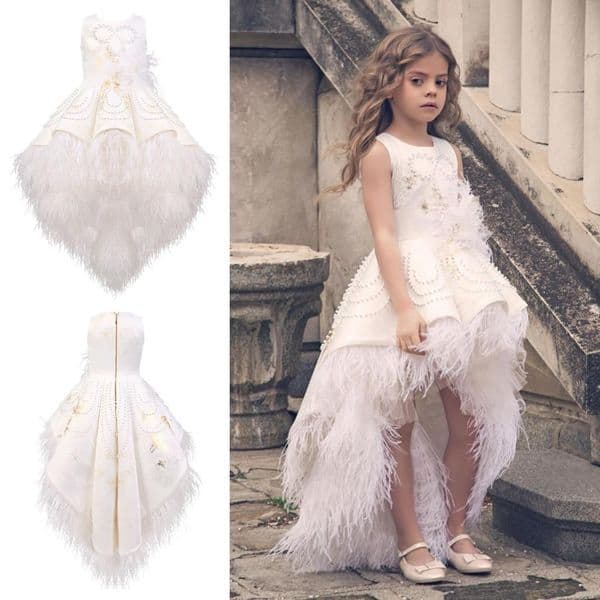 White Feather Flower Girls Dresses Sleeveless Fashion Tiered TuTu Girls Pageant Gowns Gorgeous Puffy Hi Lo Prom Summer Dresses