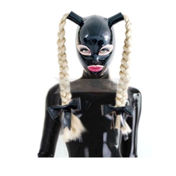 Latex Hood mask Sexy face Mask with pigtail Rubber Mask