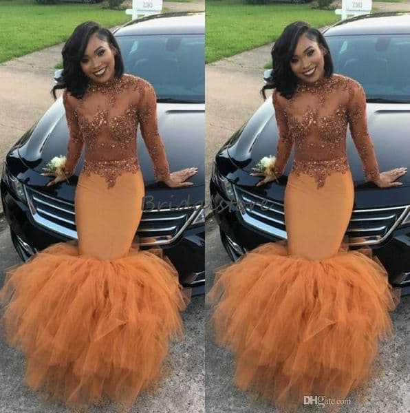 Dust Orange Mermaid Prom Dresses Black Girls Slay High Neck Long Sleeves See Though Top Beaded Tight Formal Evening Gowns Plus Size 2019