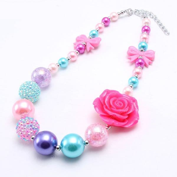 New Colorful Girls Kids Rose Flower Chunky Beads Necklace With Cute Bow Baby Child Beaded Chunky Necklace Jewelry