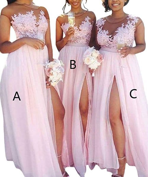 2023 Fashion Pink A Line Chiffon Bridesmaid Dress Lace Applique Prom Dress Illusion Neck High Slit Beach Formal Evening Gowns Part