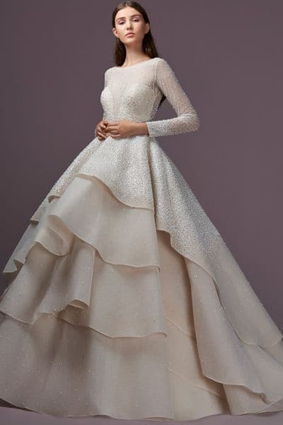 ivory latest beading wedding dresses long sleeve tiered skirts robe de marie wedding dress bridal gowns jewel neck