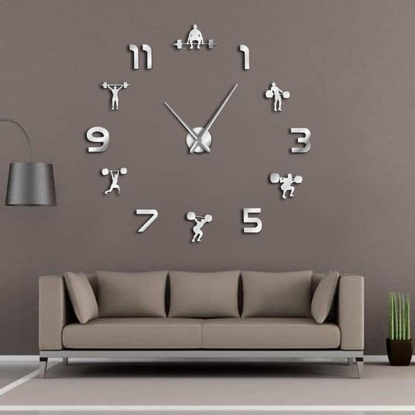 Weightlifting Fitness Room Wall Decor DIY Giant Wall Clock Mirror Effect Powerlifting Frameless Large Clock GYM Watch