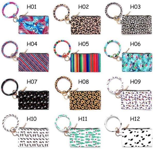pu bracelet keychain leather wrist key ring round leopard wallet bracelets handbag pendant purse lady clutch bag coin makeup bags