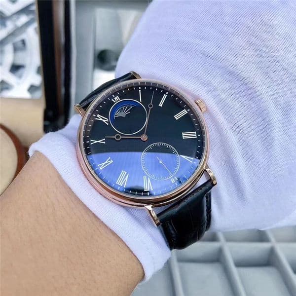 New Fashion Style Dress watch Man Watch Hand Wind Mechanical Watches black leather Men wristwatch Transparent Glass Back 055