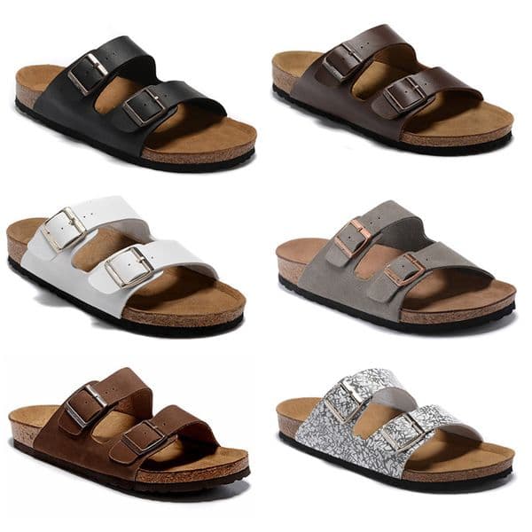 Arizona Women Men Casual Cork Slippers Flat Sandals Fashion Leather Flip Flops Metal Chains Summer Beach Slippers Shoes Size Eur 34-47