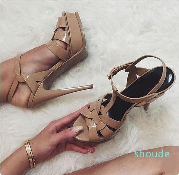 Designer Shoes Designer Candy Color Nude Black Patent Leather Cross Strappy Sandal Platform Tbar Shoes High Stiletto Heels Ladies Dress Shoes