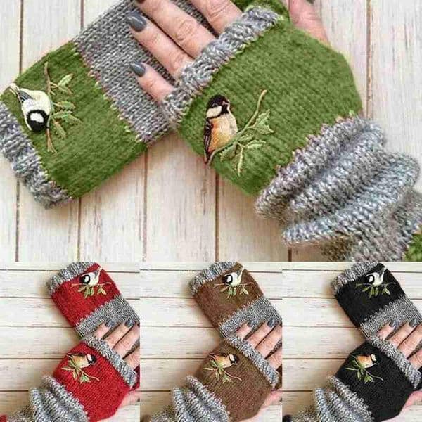 Luxury-2020 Fashion Gloves Warm Stitching Bird Embroidered Gloves Ladies Winter Knitted Fingerless Plus Velvet Color Block Stitching Gl