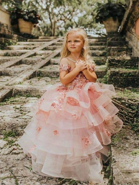 Cute Pink Ball Gown Flower Girl Dresses Jewel Neck 3D Floral Appliqued Girl Pageant Gown Ruffle Tiered Long Sleeves Sheer Back Birthday Gown