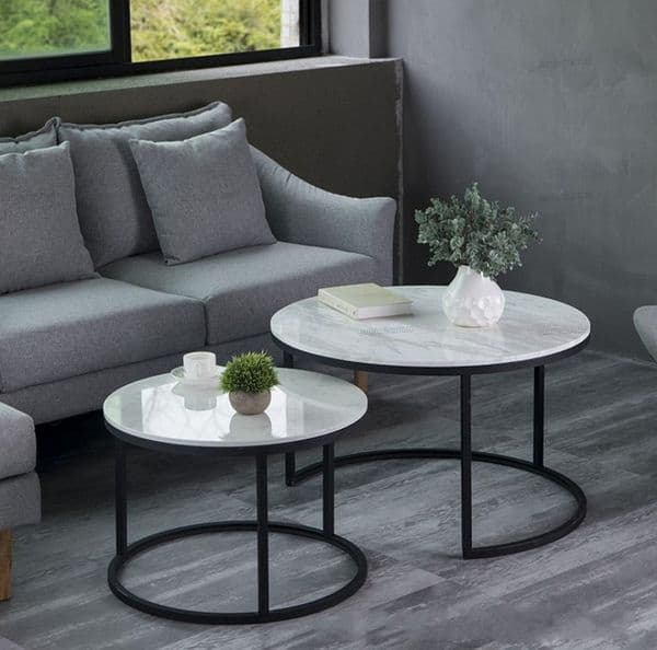 Italian Luxury Popular Modern 100% Marble Round Coffee Tables Desk for Living Room 2 in 1 Simple Combination Iron Table