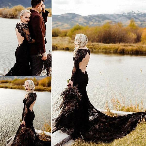 2021 New Mermaid Black Wed Dresses Long Sleeves Custom Trumpet Bridal Gowns V-Neck Sweep Train Lace round Backless Wedding Dresses