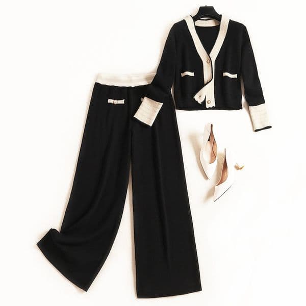 2025 Autumn Two Piece Pants Long Sleeve V Neck Black Contrast Color Single-Breasted Cardigans Sweater + Panelled Long Pants Two Piece 2 Pieces Set 5OW21F288