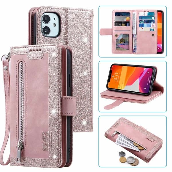 9 Cards Slot Multifunctional Leather Wallet Cases For Iphone 17 Air 16E 16 15 14 Pro MAX 13 12 X XS XR 11 Plus Zipper Bling Glitter Sparkle Holder Flip Cover