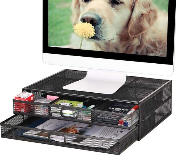 Monitor Stand Riser with Drawer - Metal Mesh Desk Organizer with Dual Pull Out Storage Drawer,Office Supply for Computer, PC, Laptop, Printer, Notebook, iMac