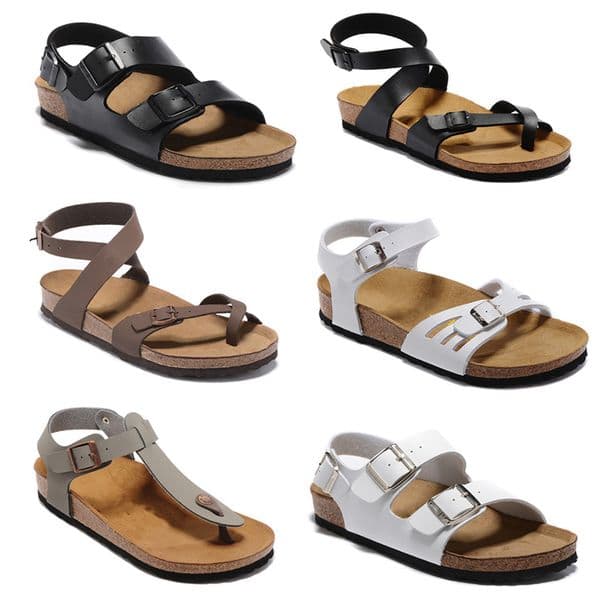 Summer flat-soled Cork slippers soft-soled women's Beach sandals fashion open-toed metal buckle red-soled Platform slippers Leather casual shoes for men