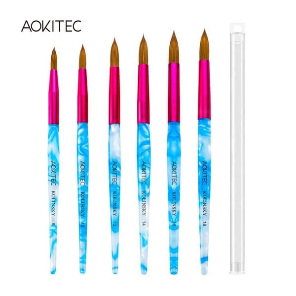 Aokitec Acrylic Nail Brush Kolinsky Hair Acrylic White Swirl Blue Handle with Pink Ferrule Round Shaped