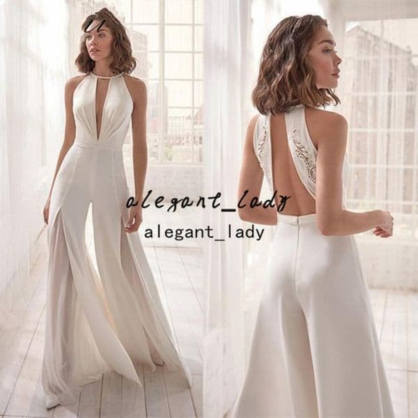 Chiffon Beach Wedding Jumpsuit Sexy Keyhole Neck Lace Backless Fairy Flowy Skirt Bridal Dress with pant suit abiti sposa 2022