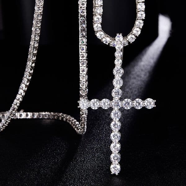 Iced Out Cubic Zircon Cross Pendant Necklace With Tennis Chain Men Hip hop Jewelry Copper Material