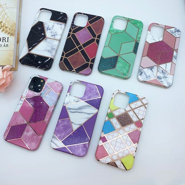 Geometric Marble Texture Cases For iPhone 13 12 Mini 11 Pro Max XR XS 7 8 Plus X Soft Back Cover Electroplated Folded Flexible Cell Phone case
