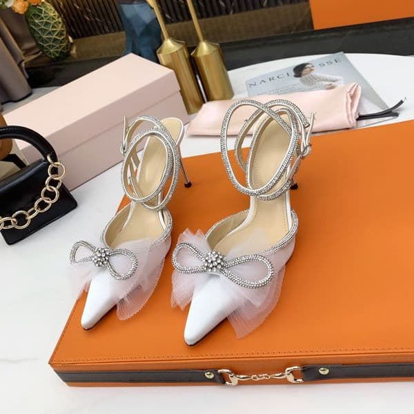 Woman Sandals Fashion Designer Dress Shoes Summer Ladies Lace High Heels Crystal Bow Silk Satin 80mm-85mm Gauze Butterfly Buckle Sexy Stiletto Heel Shoe 35-40