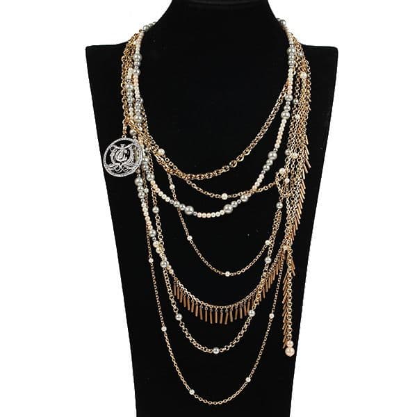 Luxury Jewelry Style Exaggerated Atmosphere Light Luxury Multi-layer Banquet Dress Necklace Women's Fashion Pearl Tassel Crown Round Sweater Chain