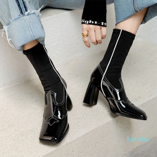 Runway 21/22 Square Toe Sock Ankle Boots temperament Women Chunky High Heels Winter Party Shoes Woman Brown Patchwork Bootss high-1
