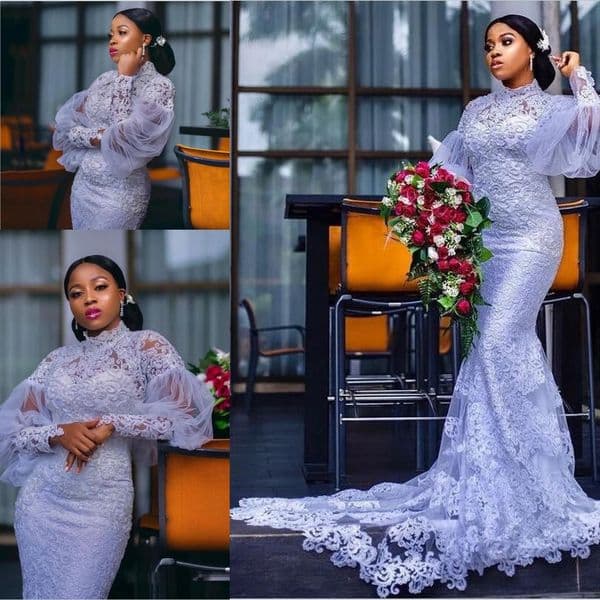 2021 Alluring Puffy Sleeves Wedding Dress Mermaid Trumpet Lace Applique High Neck Saudi Arabia Bridal Dresses Plus Size Women Wedding Gowns