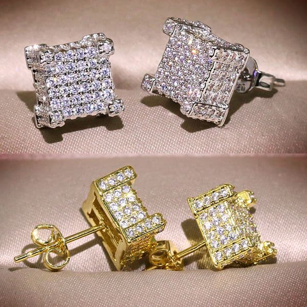 Men Women Gold Stud Earrings Hip Hop Jewelry CZ Simulated Diamond Silver Fashion Square Earring