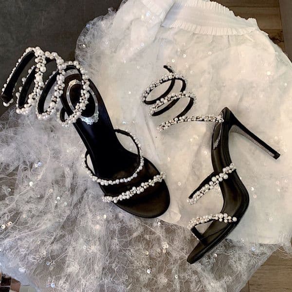 Pearl Crystals Gem Embellished stiletto Heels sandals Evening shoes women high heeled Luxury Designers Wraparound Dress shoes factory footwear